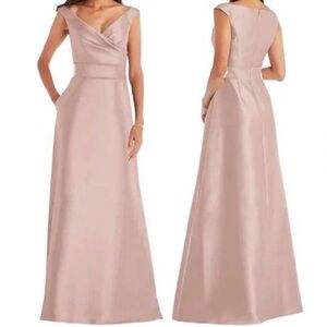 Alfred Sung Off The Shoulder Draped Wrap Satin Maxi Dress - Toasted Sugar Size 0